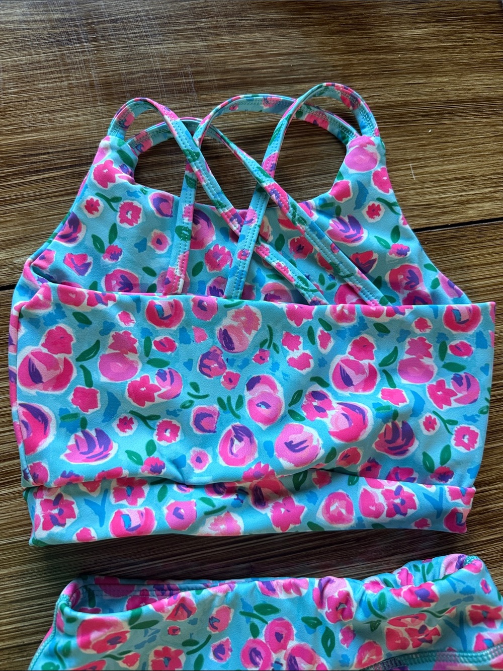 Girls' Pink Floral Active Crop Top & Aqua Bike Shorts Set - Picture 4 of 7